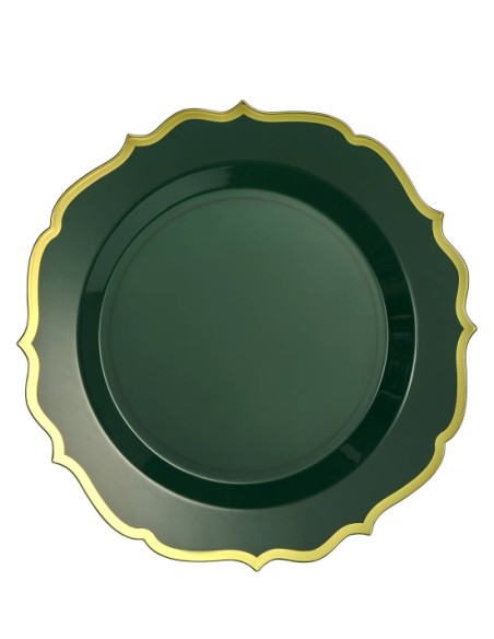Set of 10 Green Plastic Plates with Gold Edge 19cm