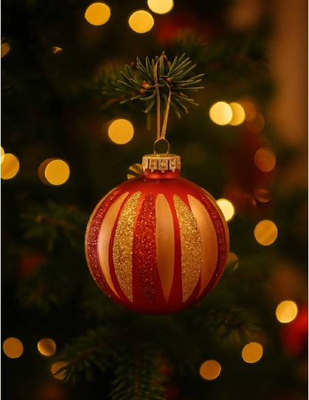Pallina Albero Di Natale Rossa E Oro Strisce Glitter 10cm
