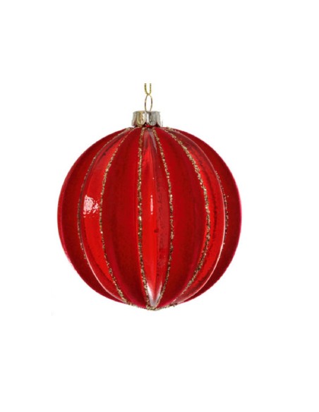 Pallina Albero Di Natale Rossa Lucida Con Righe Glitter Oro 10cm