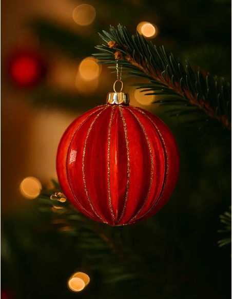 Pallina Albero Di Natale Rossa Lucida Con Righe Glitter Oro 10cm