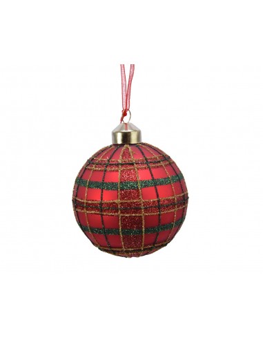 Christmas Tree Glass Bauble Checkered Red And Green With Glitter diam 8cm