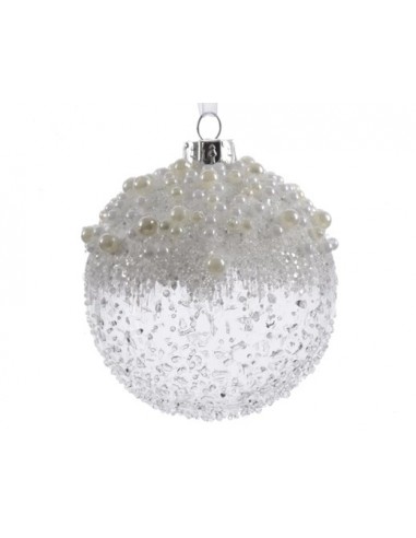 Pallina Albero Di Natale in Vetro Trasparente Con Perline E Glitter diam 8cm