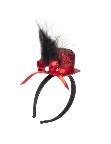Mini Glitter Top Hat With Feathers And Gem - Red