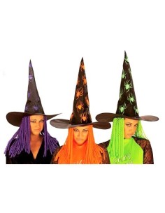 Witch Hat With Spiders And Curly Locks Halloween Costume 48cm
