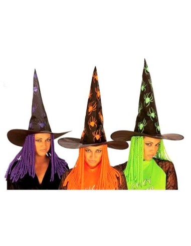 Witch Hat With Spiders And Curly Locks Halloween Costume 48cm