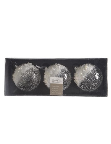 Christmas ball in transparent and white glass 3pcs diam 8cm