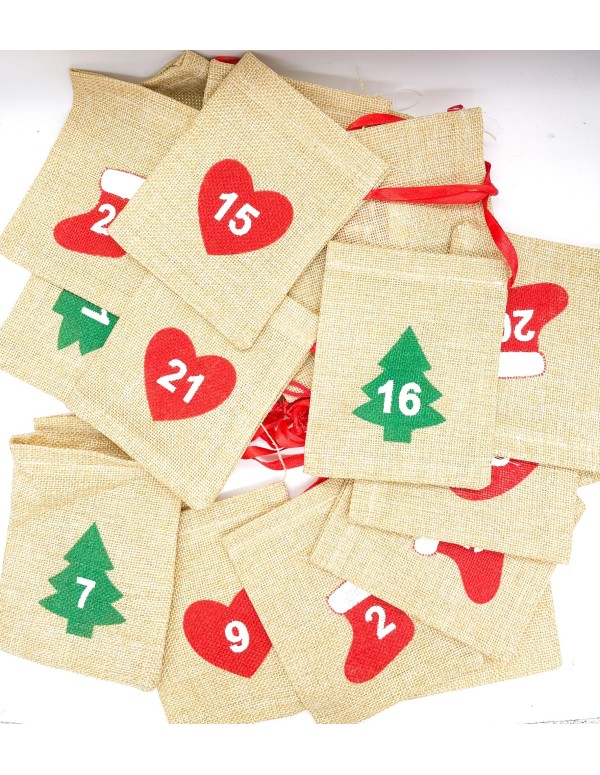 Advent Calendar Jute Mini Bags With Rope And Christmas Figures