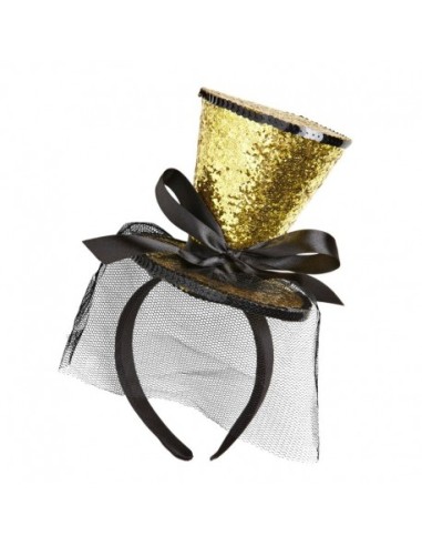 Gold Glitter Mini Top Hat On Headband With Bow And Veil